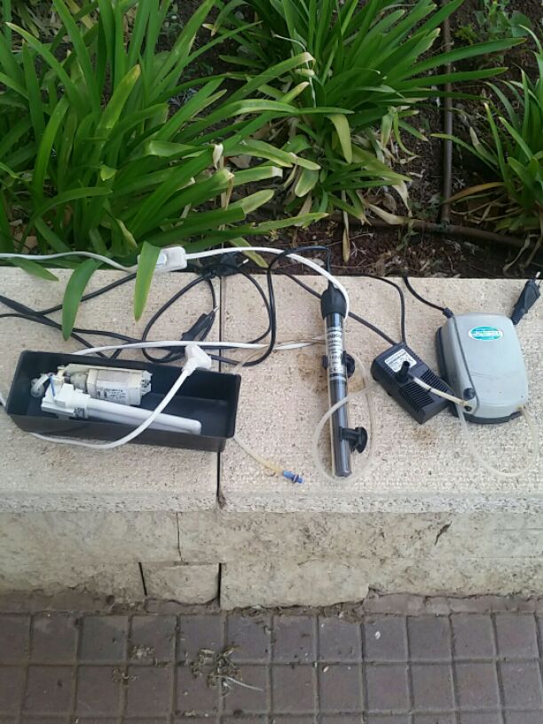 ציוד אקווריום: פילטר, תאורה, חמצן ומד חום.